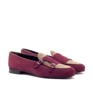Ambrogio Bespoke Men's Handmade Custom Made Shoes Multi-Color Tweed Sartorial / Suede Leather Monk Slipper Loafers (AMB1275)