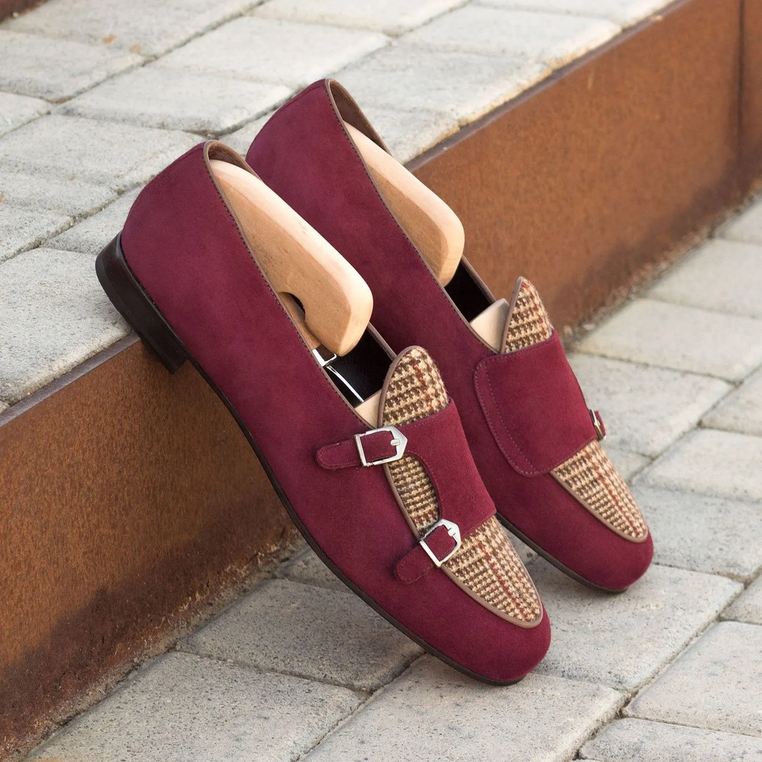 Ambrogio Bespoke Men's Handmade Custom Made Shoes Multi-Color Tweed Sartorial / Suede Leather Monk Slipper Loafers (AMB1275)