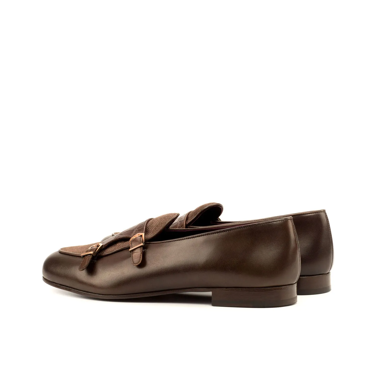Ambrogio Bespoke Men's Handmade Custom Made Shoes Two-Tone Brown Crocodile Print / Linen / Calf-Skin Leather Monk Slipper Loafers (AMB1273)