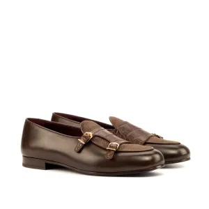 Ambrogio Bespoke Men's Handmade Custom Made Shoes Two-Tone Brown Crocodile Print / Linen / Calf-Skin Leather Monk Slipper Loafers (AMB1273)