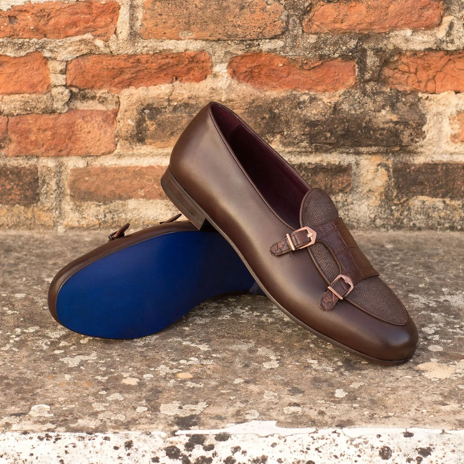 Ambrogio Bespoke Men's Handmade Custom Made Shoes Two-Tone Brown Crocodile Print / Linen / Calf-Skin Leather Monk Slipper Loafers (AMB1273)