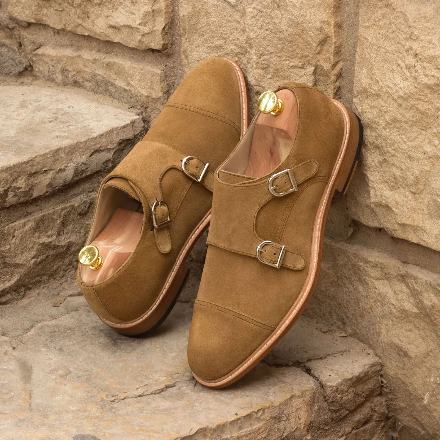 Ambrogio Bespoke Men's Handmade Custom Shoes Camel Suede Leather Monk-Straps Loafers (AMB1505)