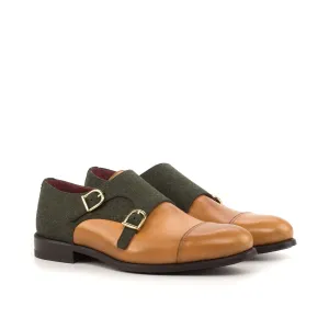 Ambrogio Bespoke Men's Handmade Custom Shoes Green & Cognac Fabric / Calf-Skin Leather Monk-Straps Loafers (AMB1836)