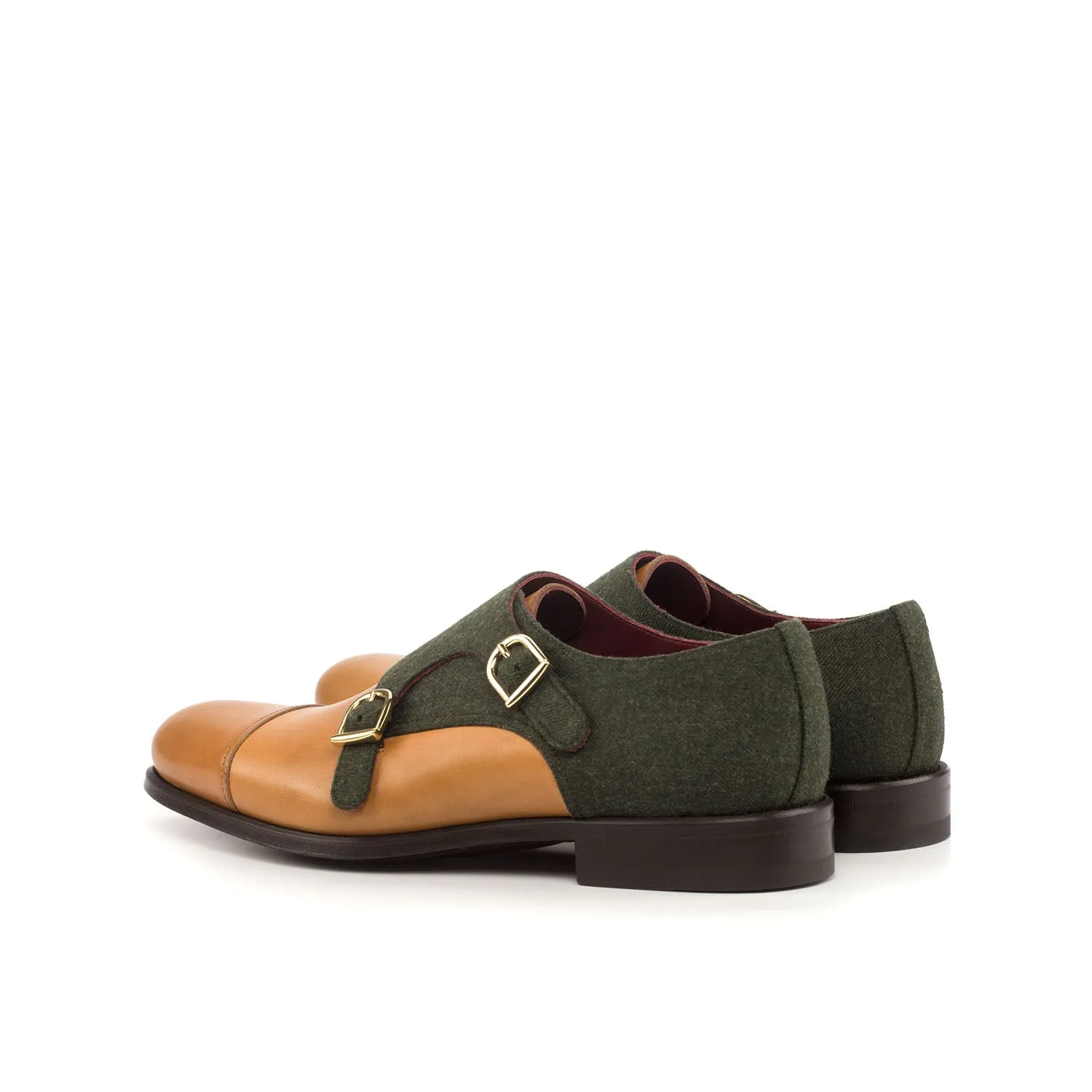 Ambrogio Bespoke Men's Handmade Custom Shoes Green & Cognac Fabric / Calf-Skin Leather Monk-Straps Loafers (AMB1836)