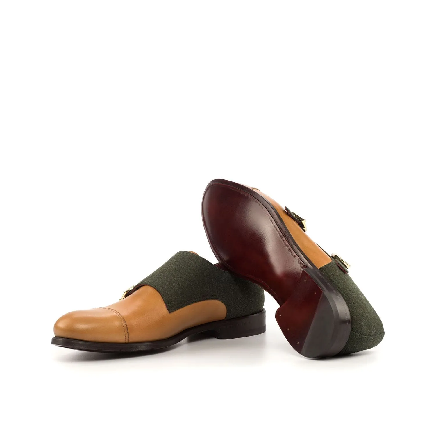 Ambrogio Bespoke Men's Handmade Custom Shoes Green & Cognac Fabric / Calf-Skin Leather Monk-Straps Loafers (AMB1836)