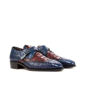 Ambrogio Bespoke Men's Handmade Custom Shoes Navy & Burgundy Crocodile Print / Calf-Skin Leather Monk-Strap Loafers (AMB1808)