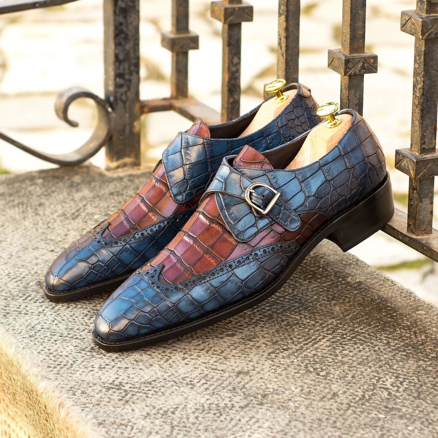 Ambrogio Bespoke Men's Handmade Custom Shoes Navy & Burgundy Crocodile Print / Calf-Skin Leather Monk-Strap Loafers (AMB1808)