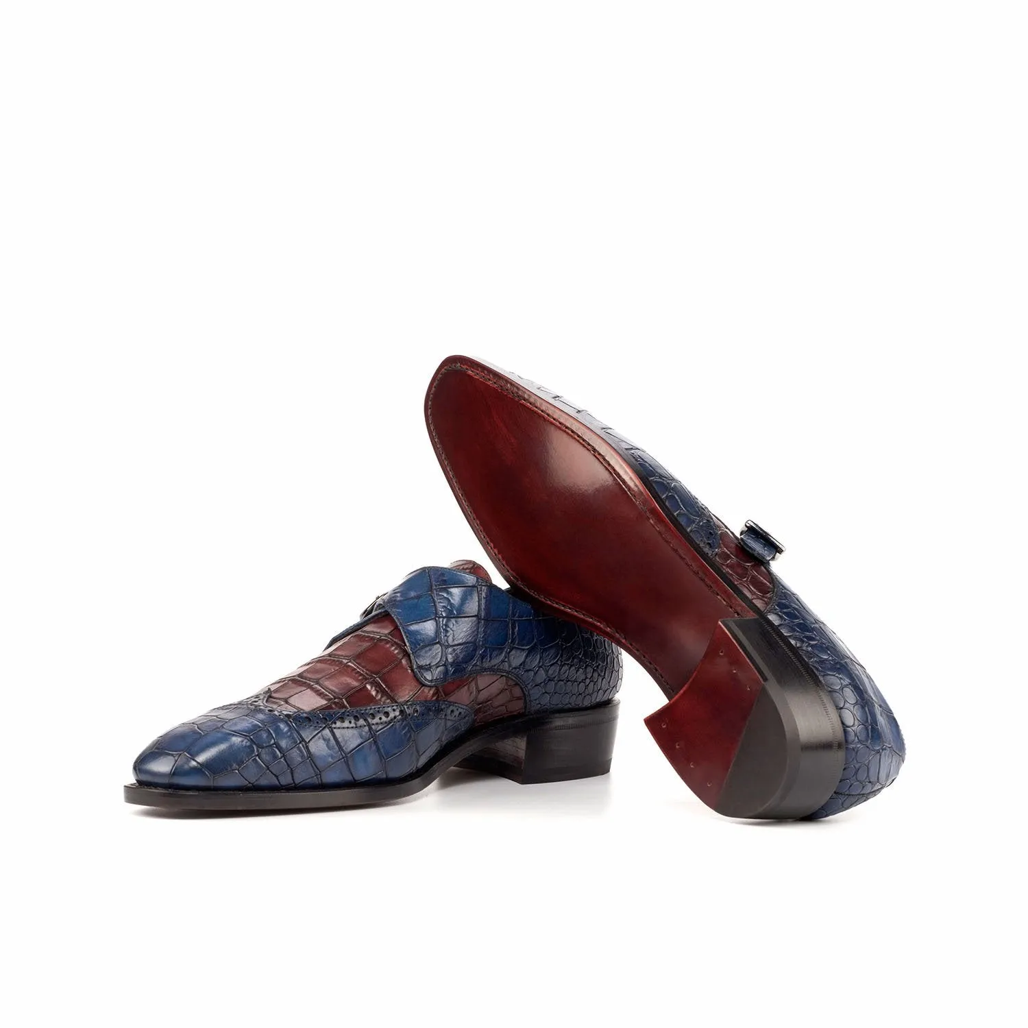Ambrogio Bespoke Men's Handmade Custom Shoes Navy & Burgundy Crocodile Print / Calf-Skin Leather Monk-Strap Loafers (AMB1808)