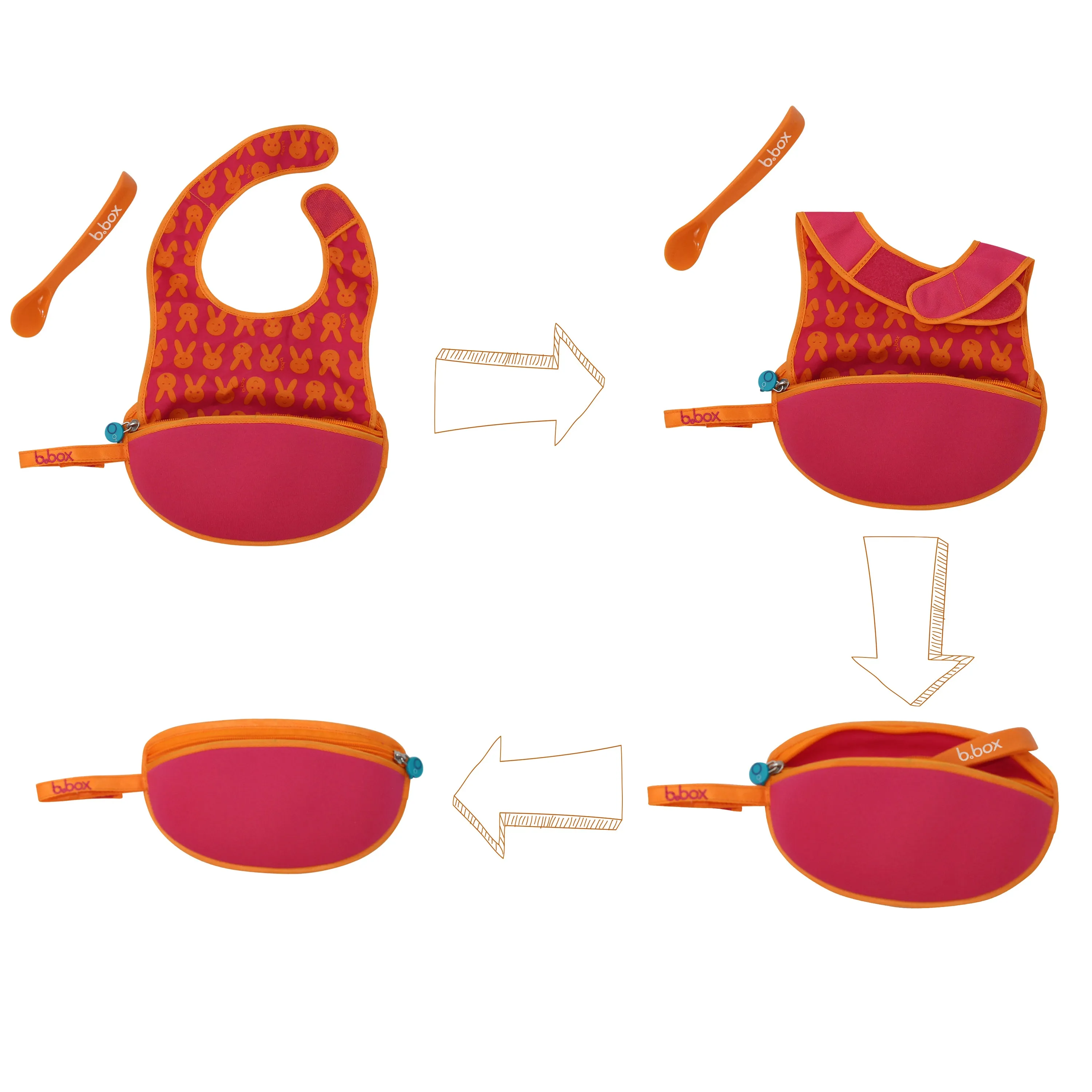 B.Box Travel Bib & Flexible Soft Bite Spoon Set Hip Hop Pink Orange
