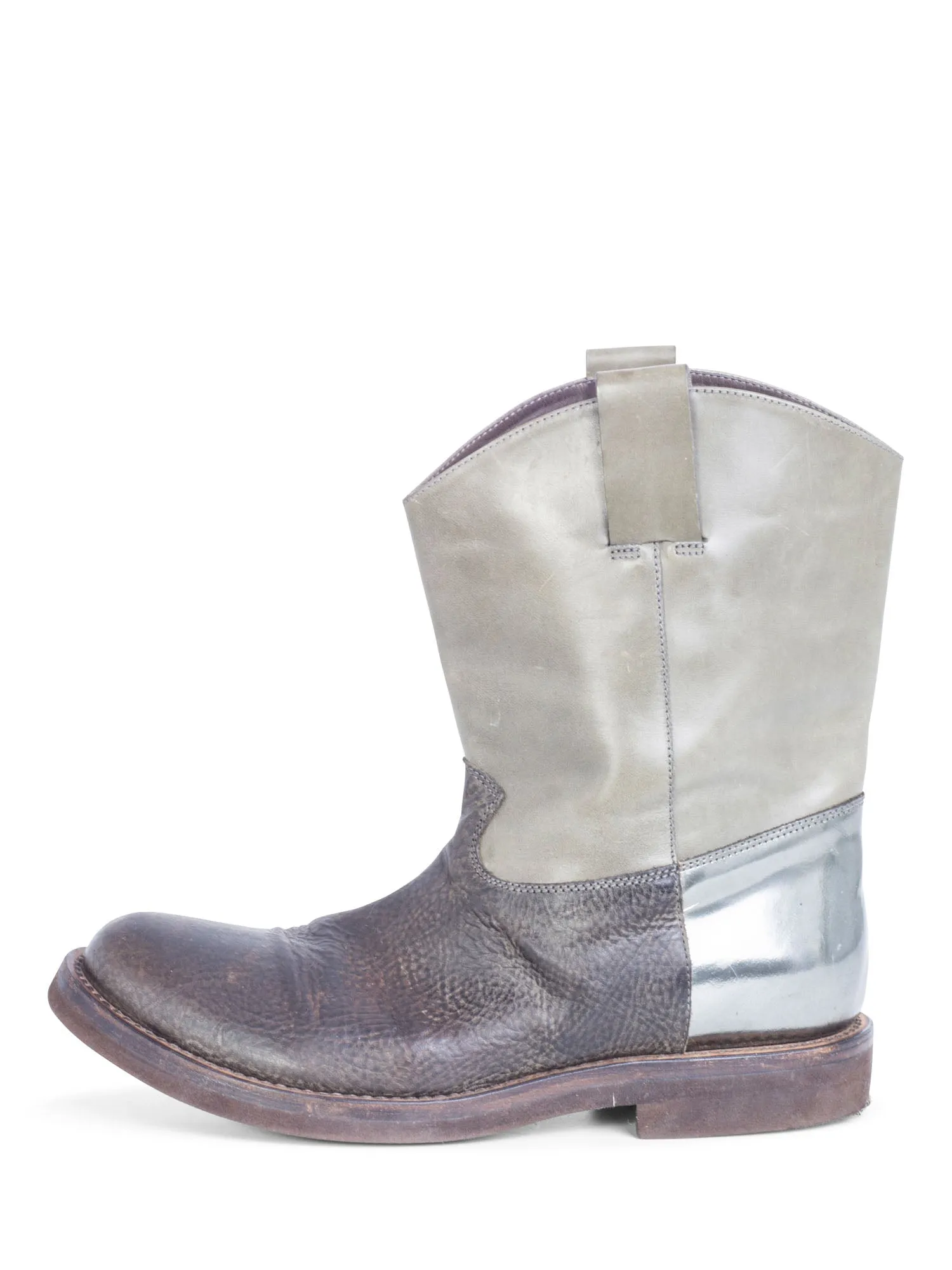 Brunello Cucinelli Weathered Leather Cowboy Boots Brown Taupe