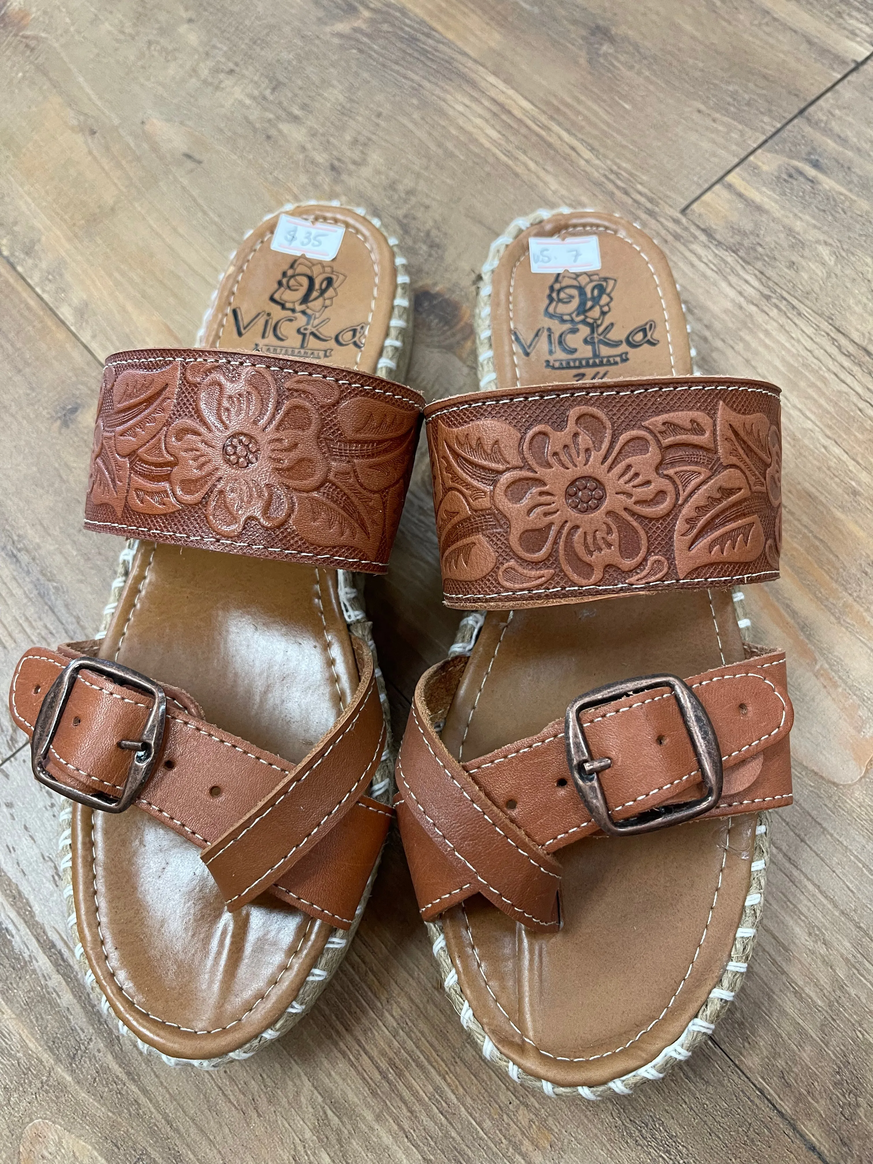 Camel Leather Espadrille Style Sandals