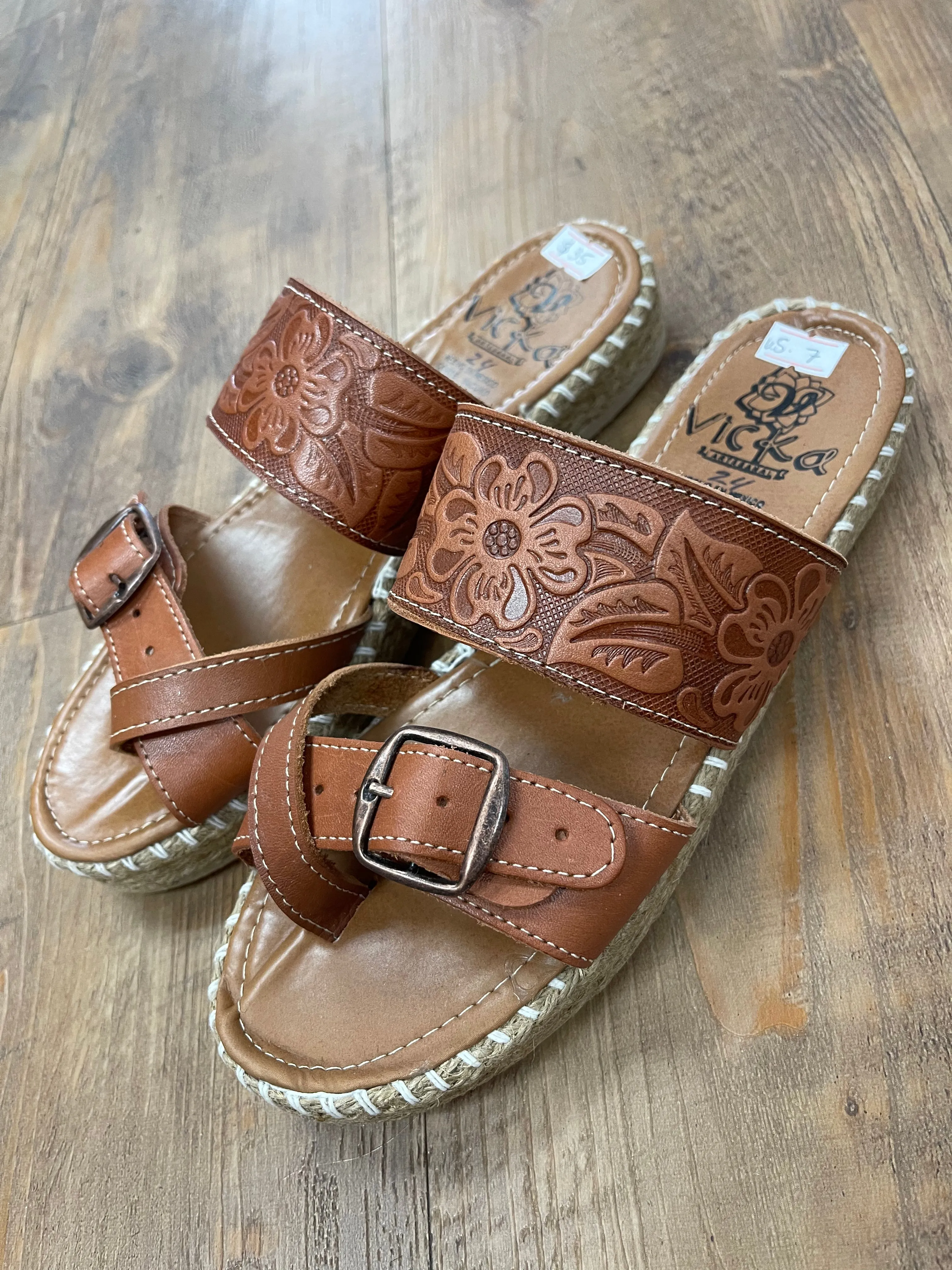 Camel Leather Espadrille Style Sandals