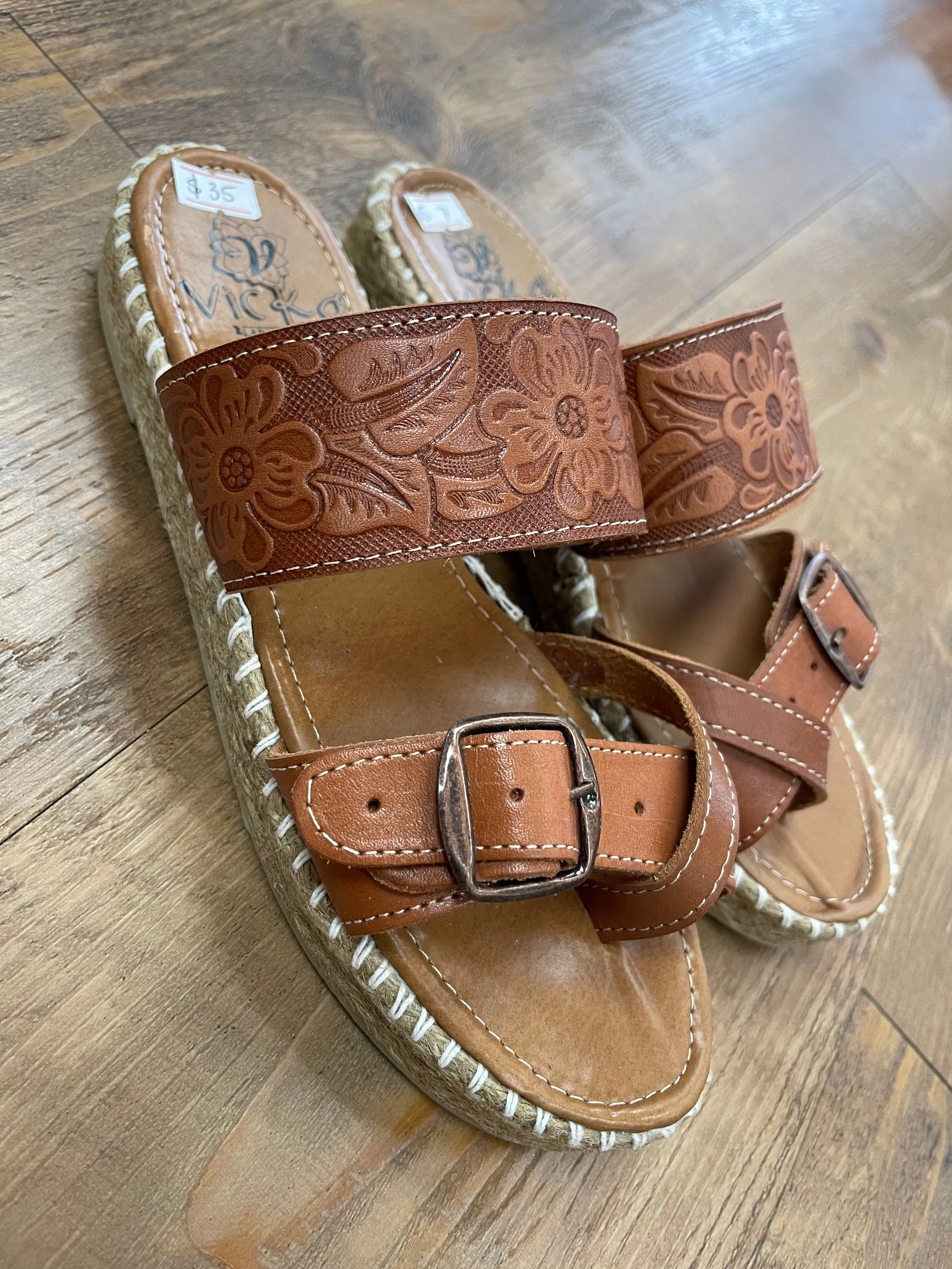 Camel Leather Espadrille Style Sandals
