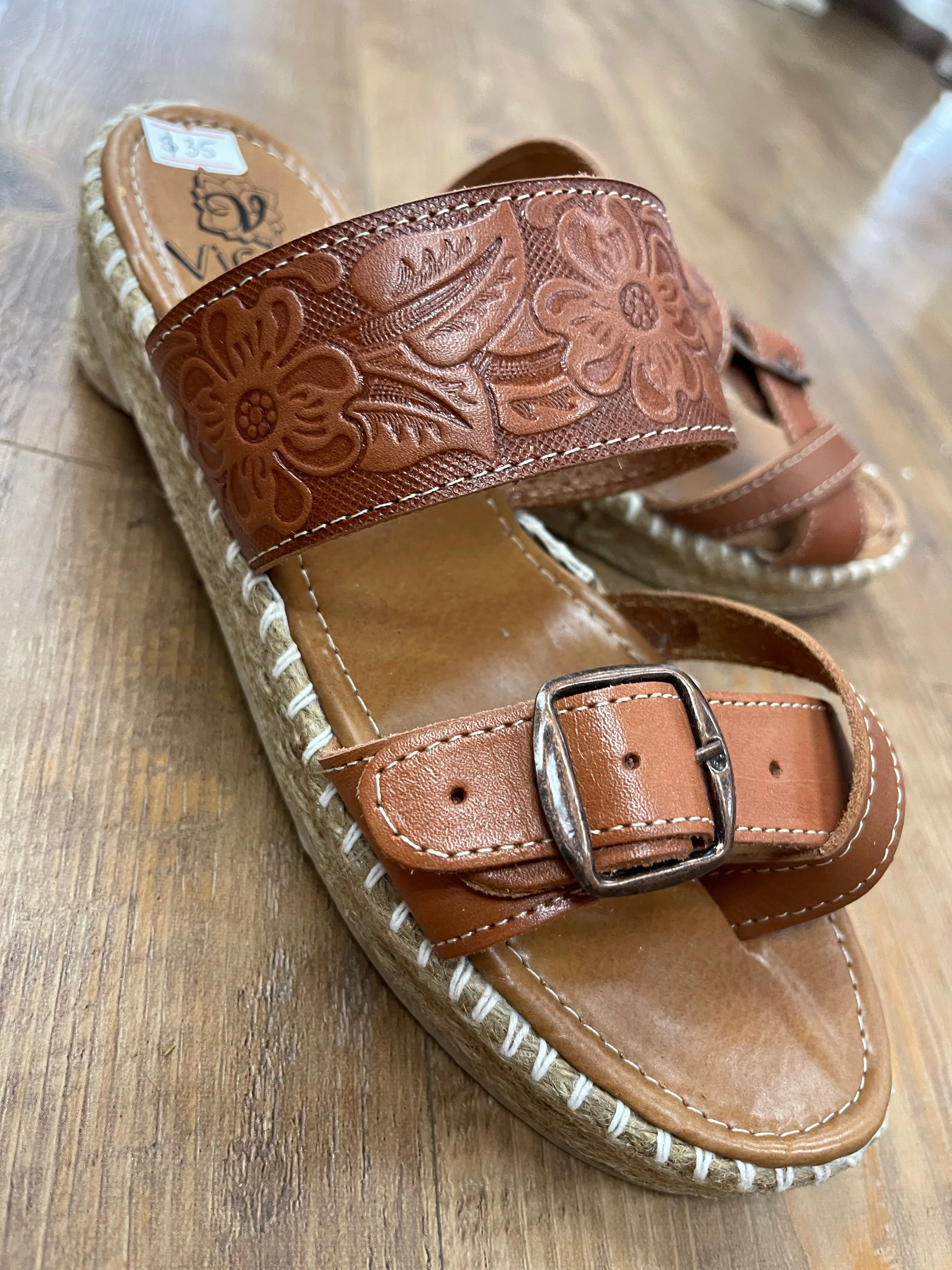 Camel Leather Espadrille Style Sandals