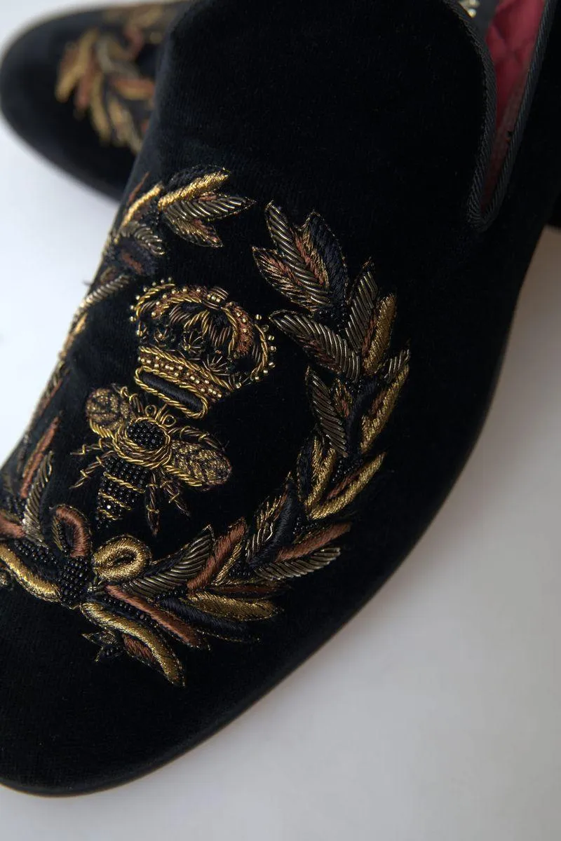 Dolce & Gabbana Black Velvet Loafers Bee Crown Embroidery Shoes Dress