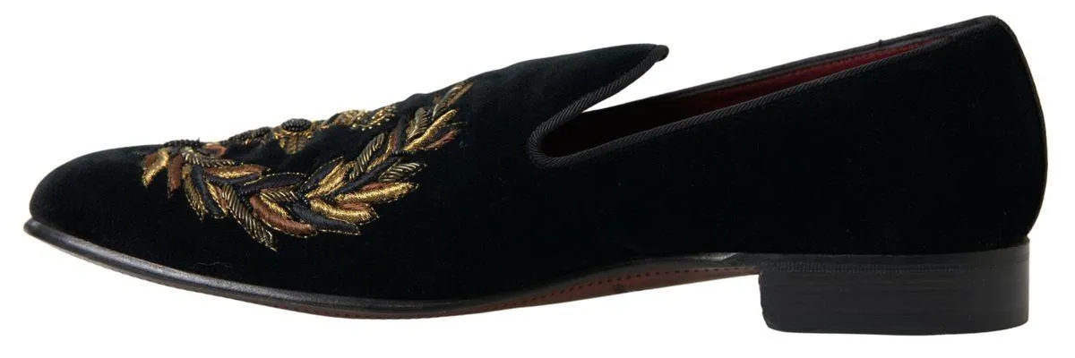 Dolce & Gabbana Black Velvet Loafers Bee Crown Embroidery Shoes Dress