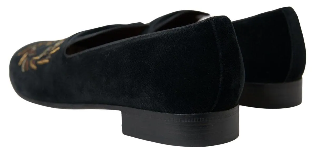 Dolce & Gabbana Black Velvet Loafers Bee Crown Embroidery Shoes Dress