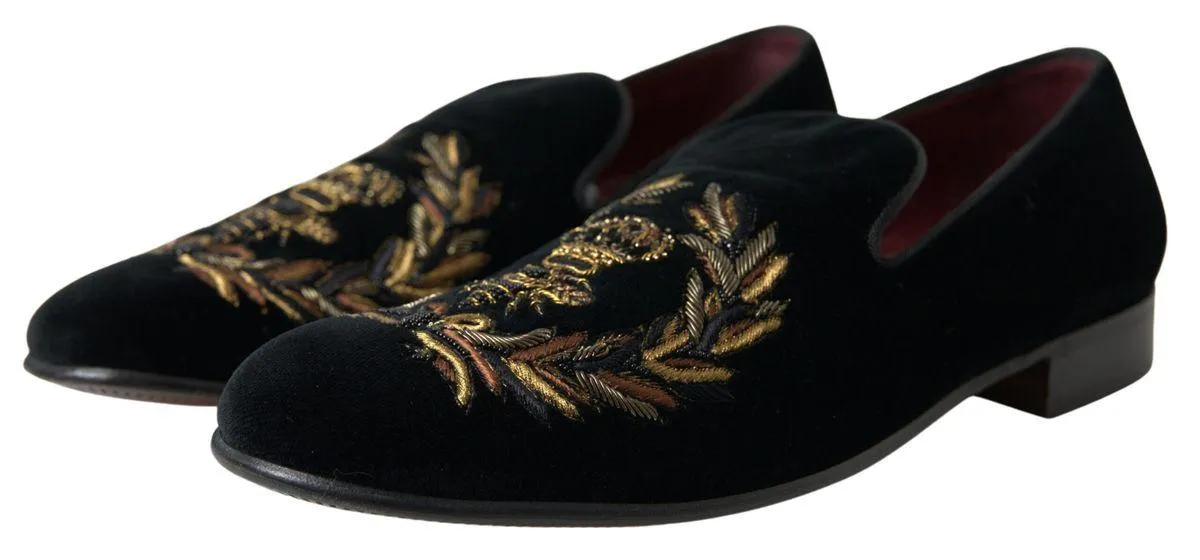 Dolce & Gabbana Black Velvet Loafers Bee Crown Embroidery Shoes Dress