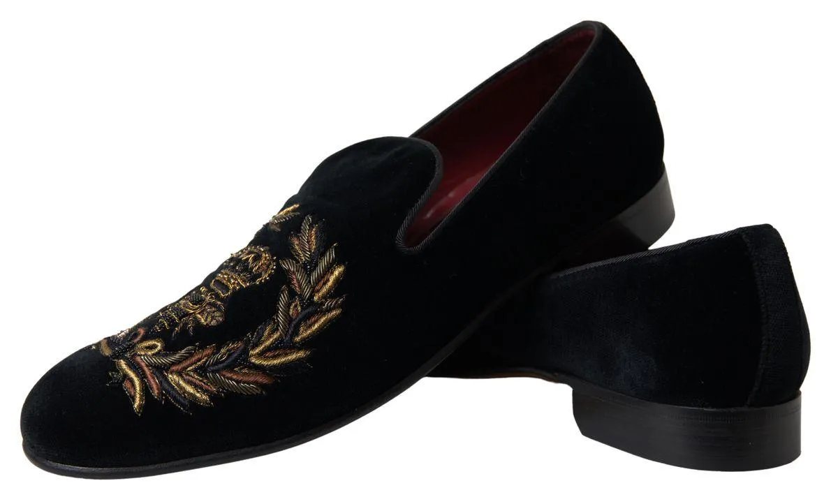 Dolce & Gabbana Black Velvet Loafers Bee Crown Embroidery Shoes Dress