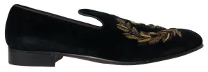 Dolce & Gabbana Black Velvet Loafers Bee Crown Embroidery Shoes Dress