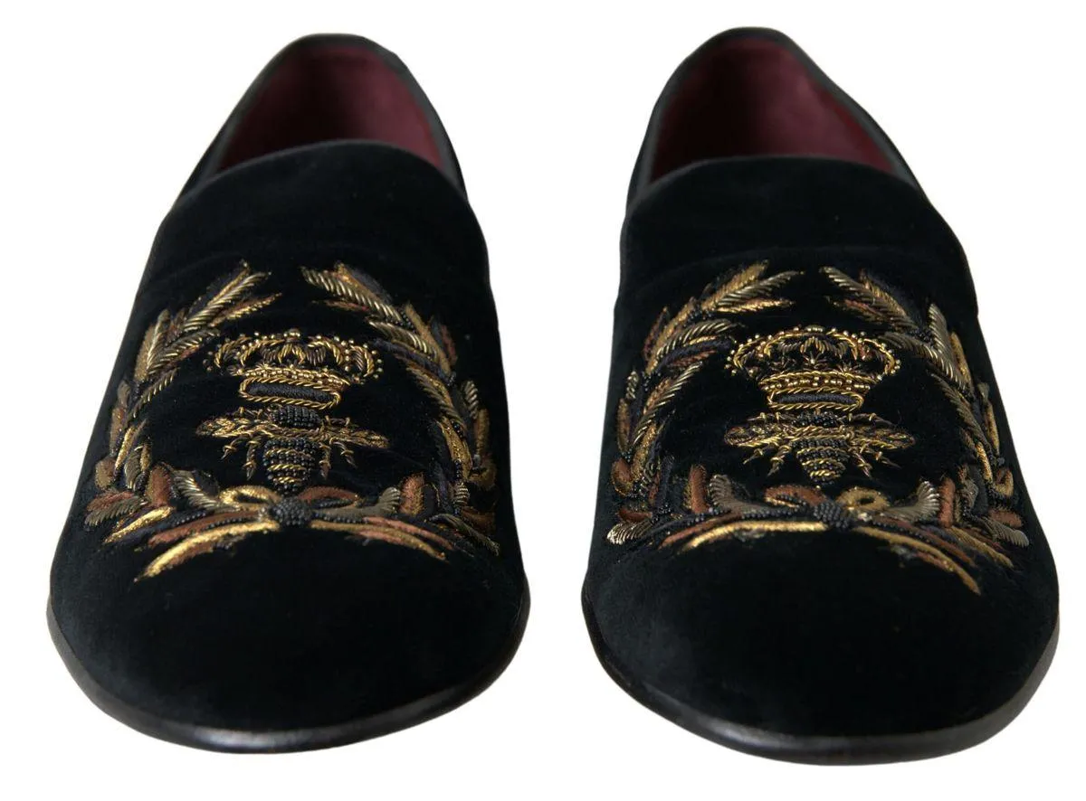 Dolce & Gabbana Black Velvet Loafers Bee Crown Embroidery Shoes Dress