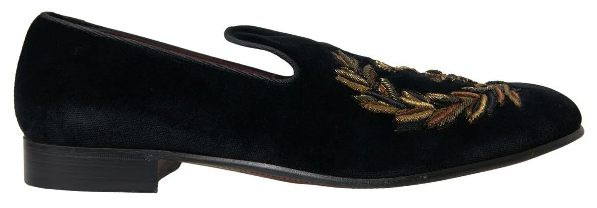 Dolce & Gabbana Black Velvet Loafers Bee Crown Embroidery Shoes Dress