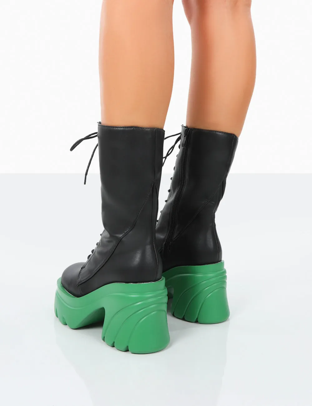 Ever Black Green Laced Chunky Green Sole Ankle Boots