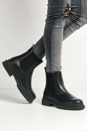 Fozia Round Toe Stretch Panel Ankle Boots in Black Matt