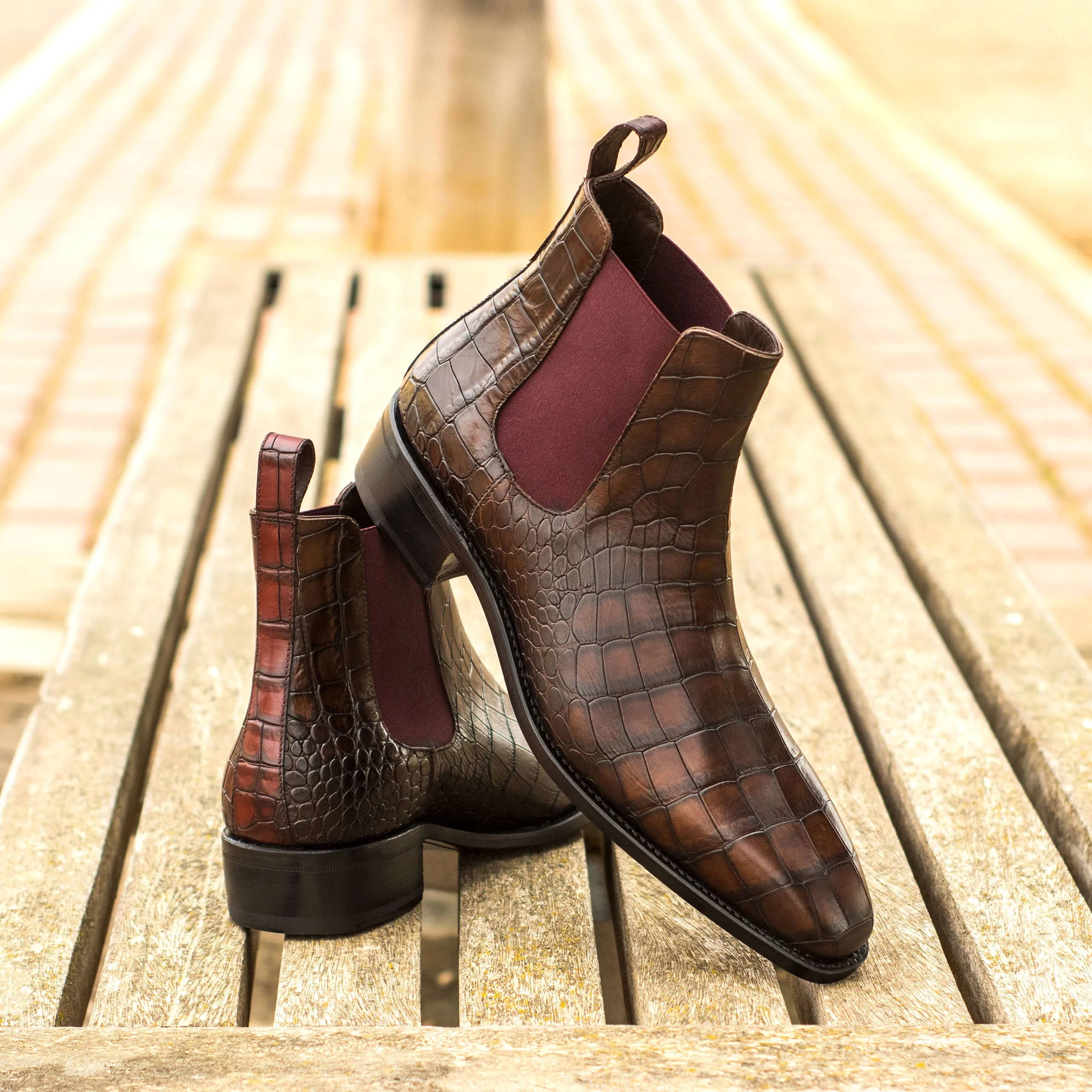 Goodyear Welted Chelsea Boots - Dark Brown and Burgundy Croco Leather with Cuban Heel