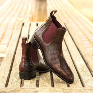 Goodyear Welted Chelsea Boots - Dark Brown and Burgundy Croco Leather with Cuban Heel