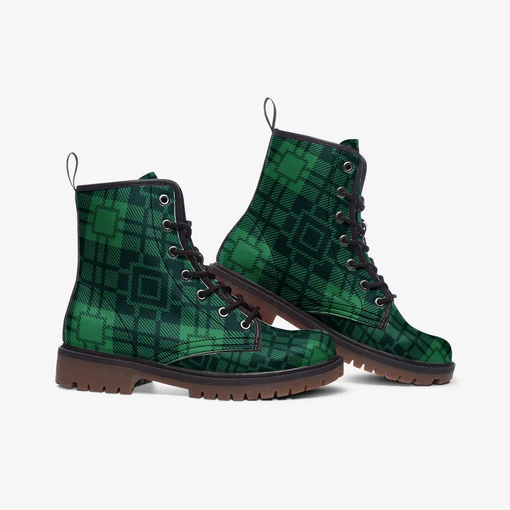 Green Tartan Style Vegan Leather Boots