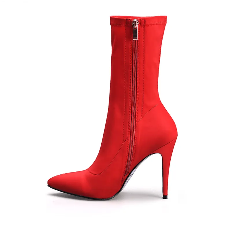 High Heel Bright Color Zipper Calf Sock Boots