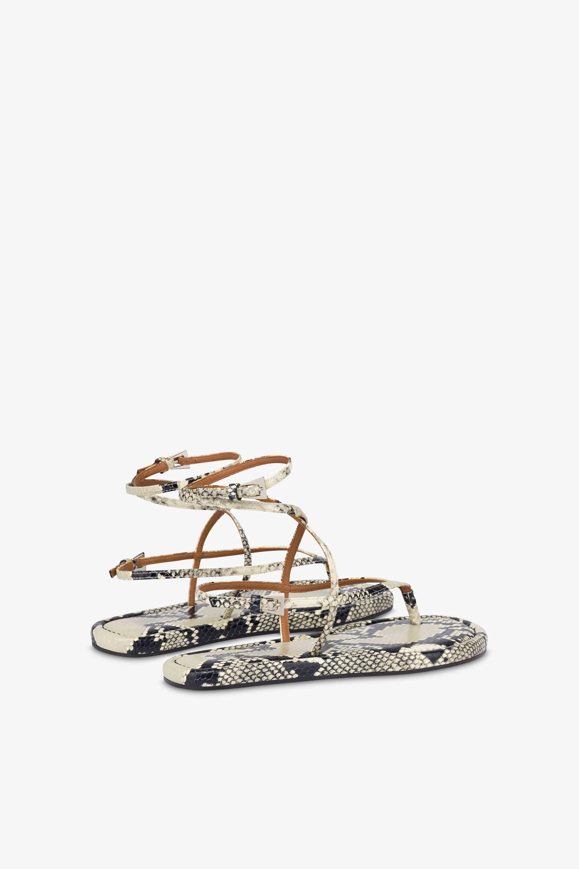 Lace-up sandals in natural python-print leather