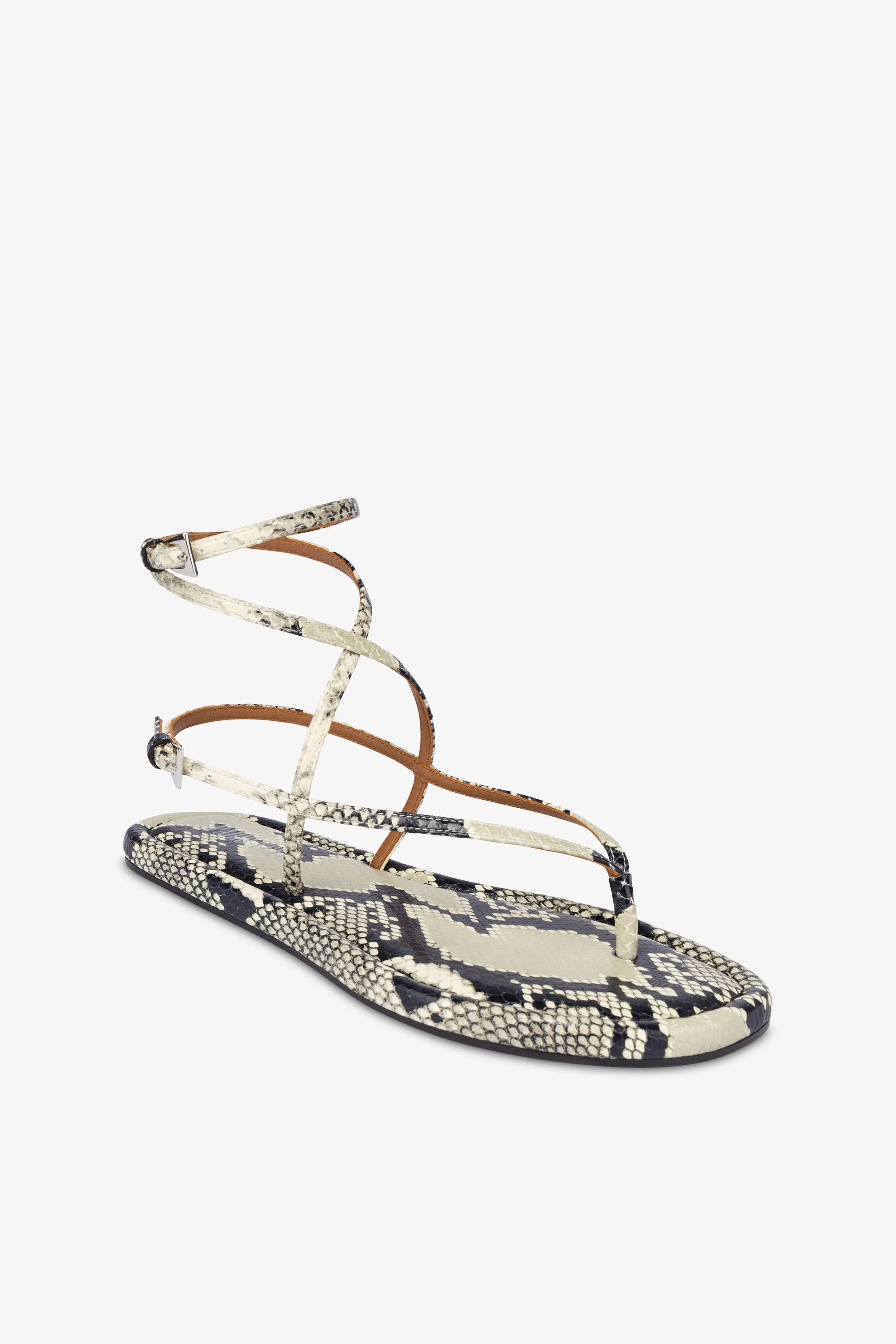 Lace-up sandals in natural python-print leather
