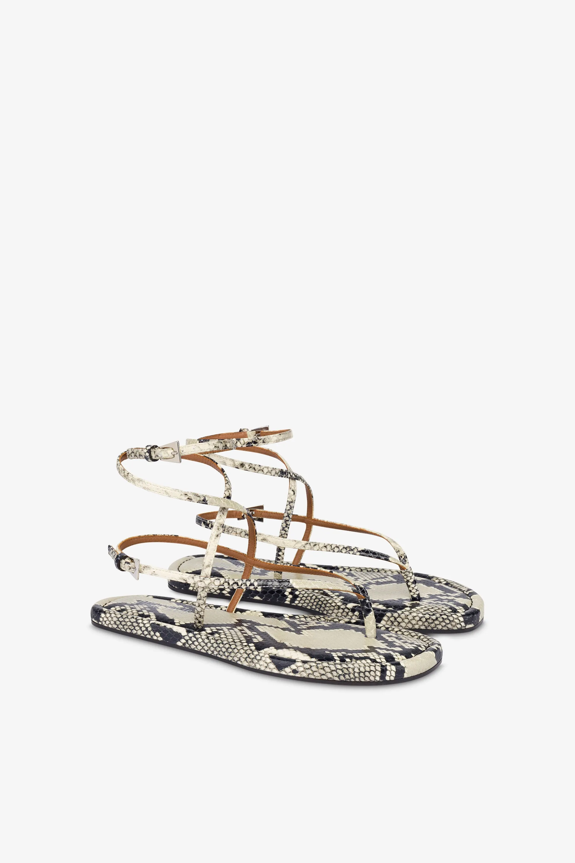 Lace-up sandals in natural python-print leather
