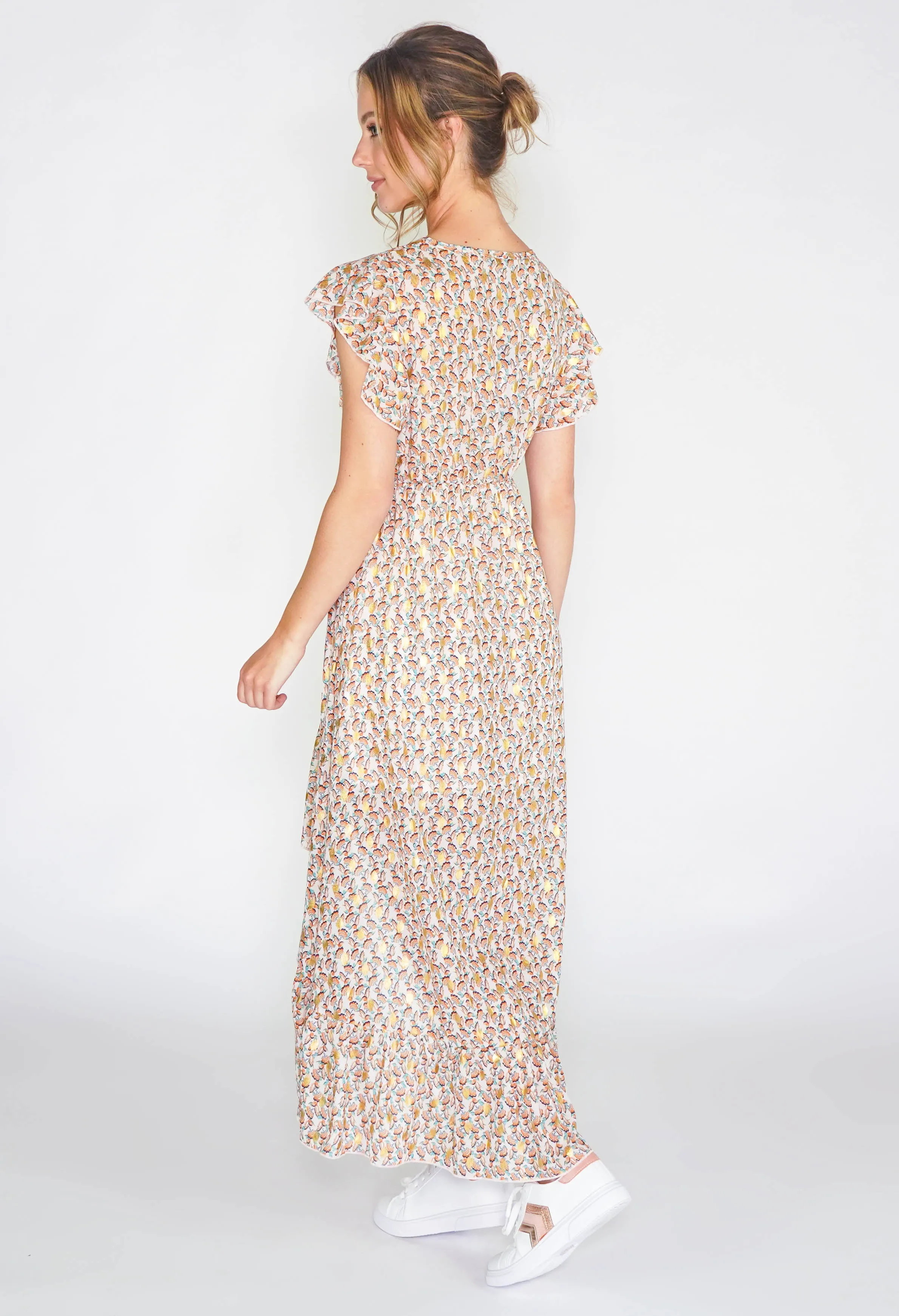 Leaf printed high low dress with foil detail in beige