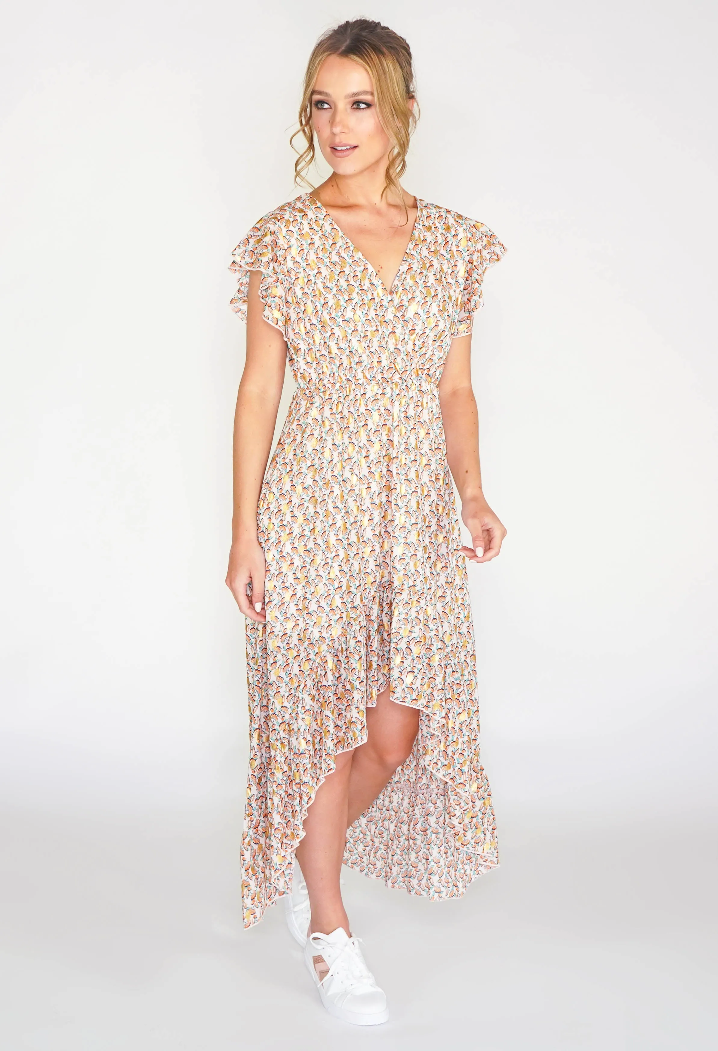 Leaf printed high low dress with foil detail in beige