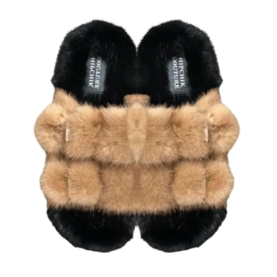 Luxe Mink Slide Sandals - Natural 'n' Black