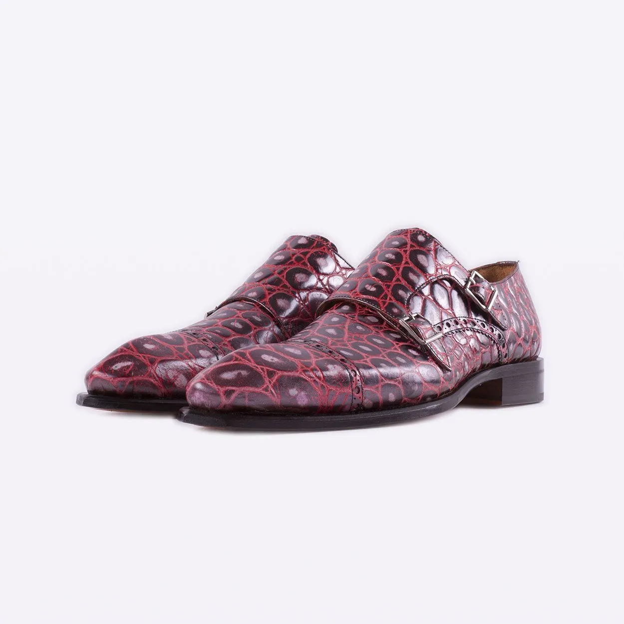 Mister 40079 Buxan Men's Shoes Burgundy Crocodile Print / Calf-Skin Leather Monk-Straps Loafers (MISS1052)