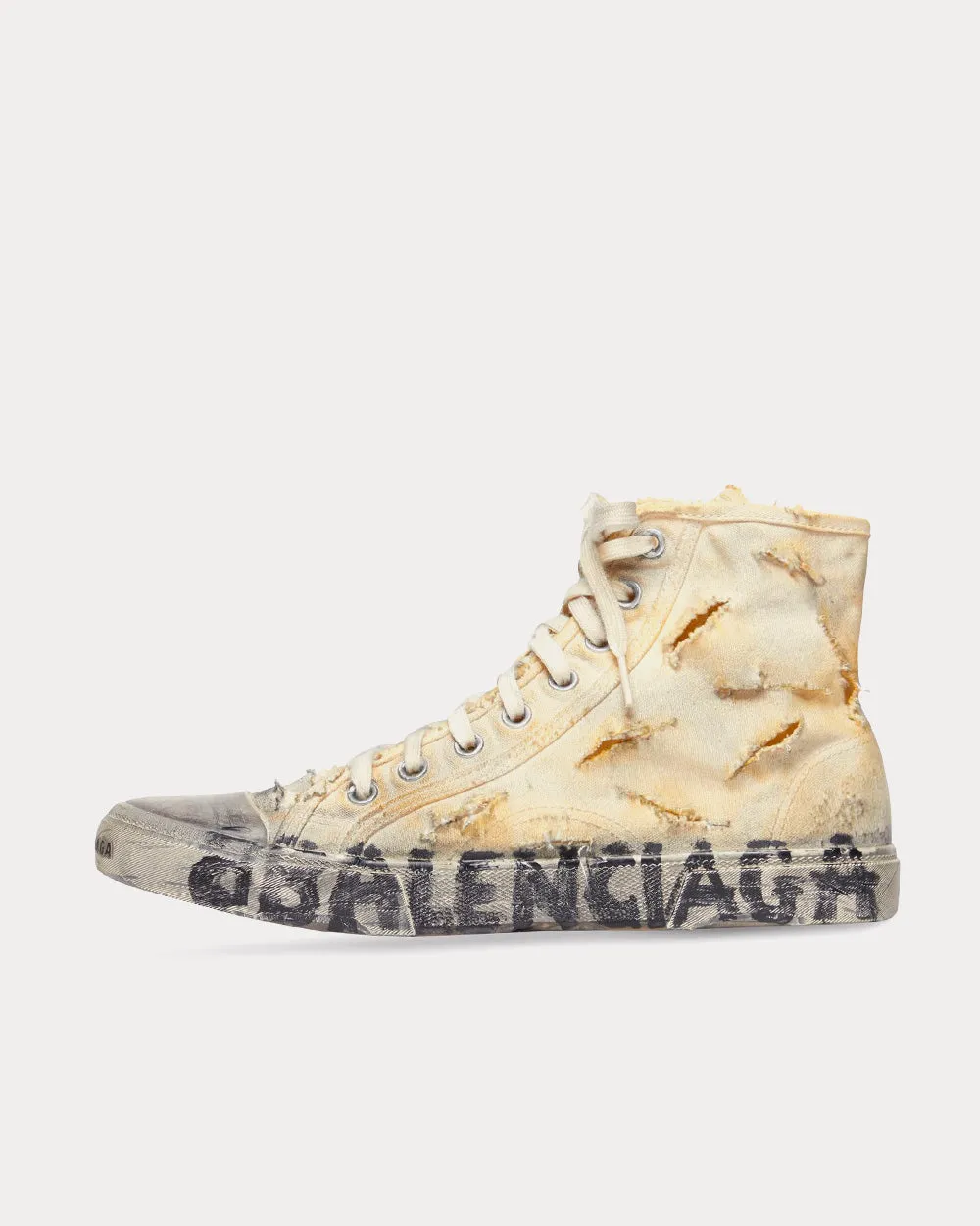 Paris Full Destroyed Cotton & Rubber White High Top Sneakers