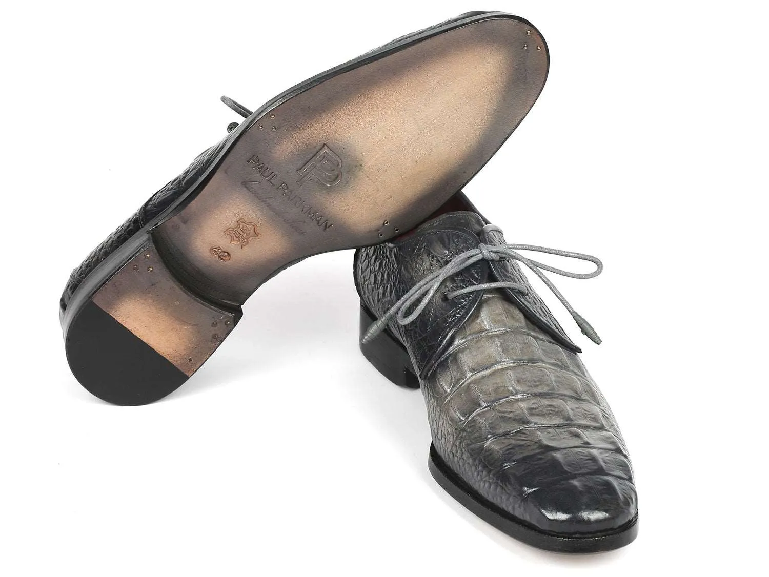 Paul Parkman Gray Crocodile Calfskin Derby Shoes