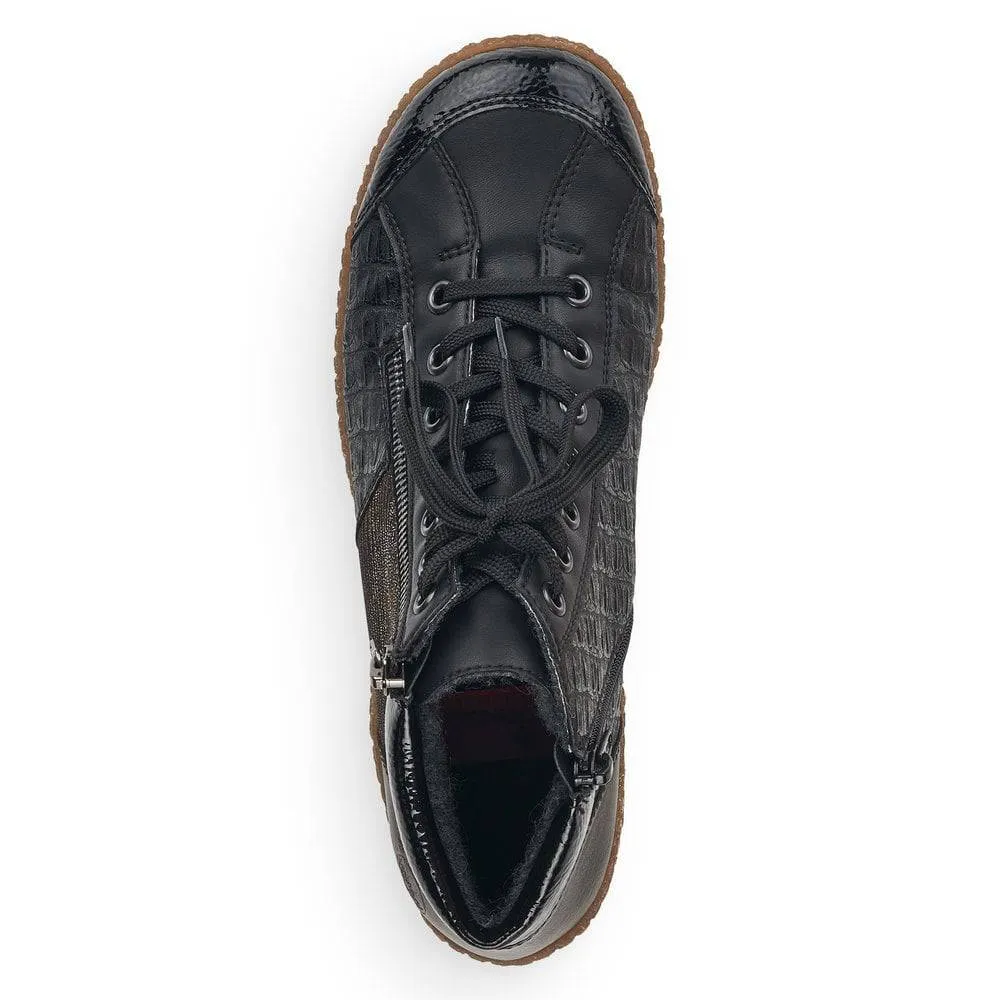 Rieker Black Patent & Shimmer Trim Lace Up & Zip High Top Trainer Boot