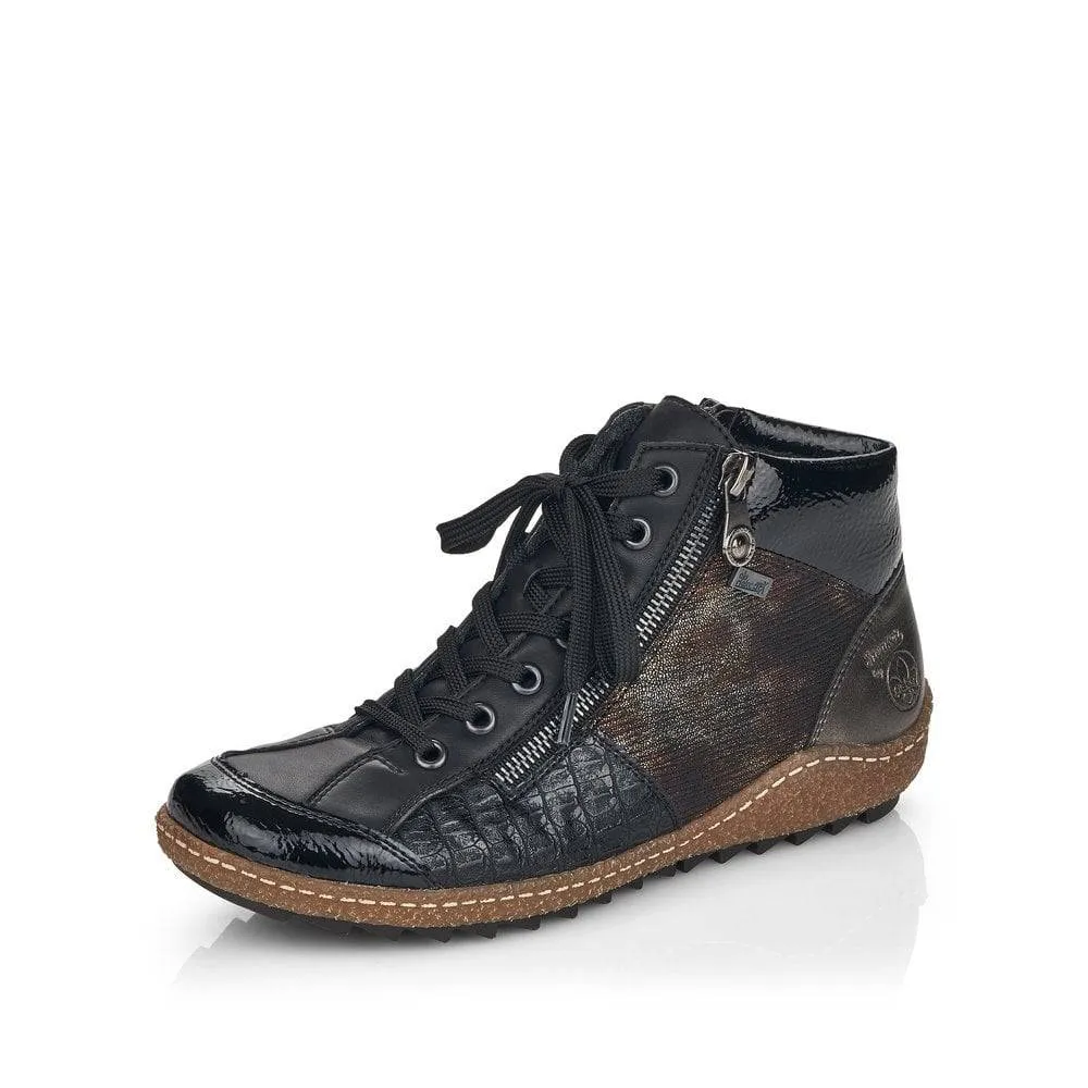 Rieker Black Patent & Shimmer Trim Lace Up & Zip High Top Trainer Boot