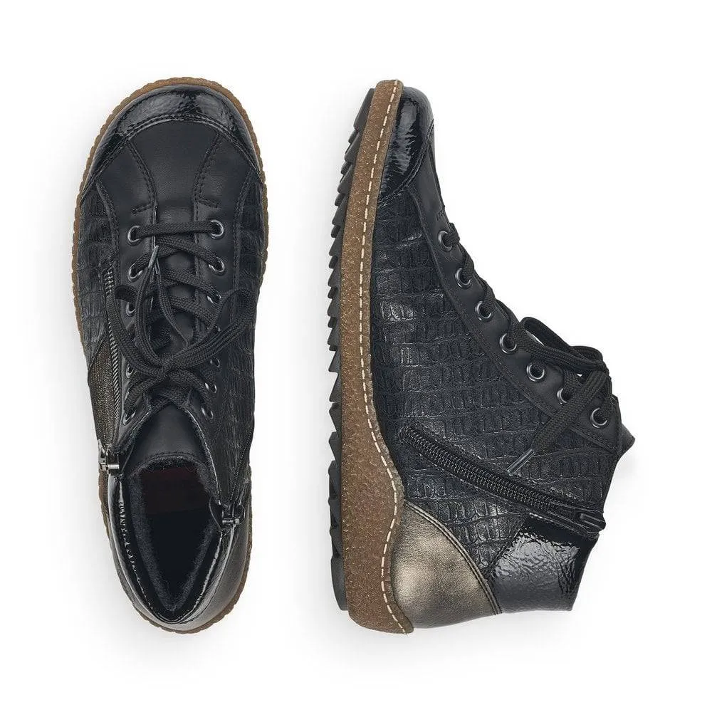 Rieker Black Patent & Shimmer Trim Lace Up & Zip High Top Trainer Boot