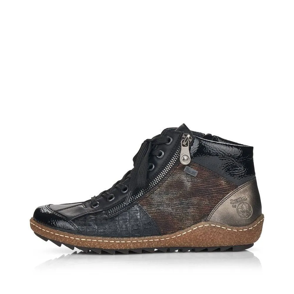 Rieker Black Patent & Shimmer Trim Lace Up & Zip High Top Trainer Boot