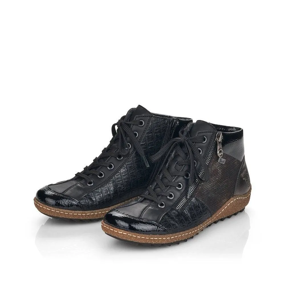 Rieker Black Patent & Shimmer Trim Lace Up & Zip High Top Trainer Boot