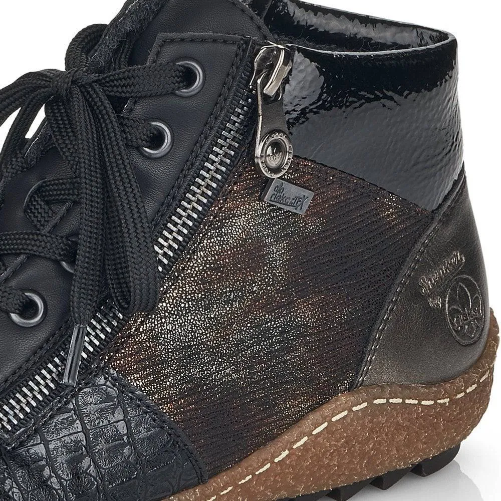 Rieker Black Patent & Shimmer Trim Lace Up & Zip High Top Trainer Boot