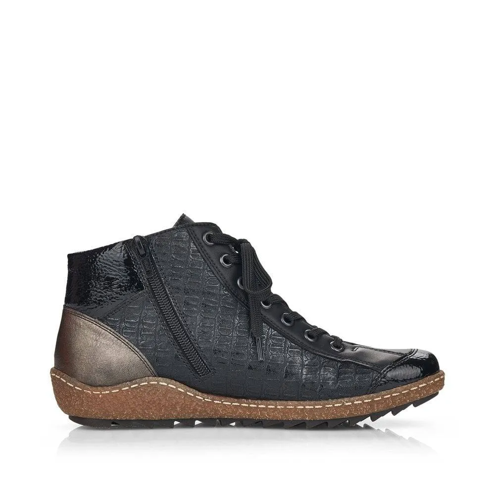 Rieker Black Patent & Shimmer Trim Lace Up & Zip High Top Trainer Boot