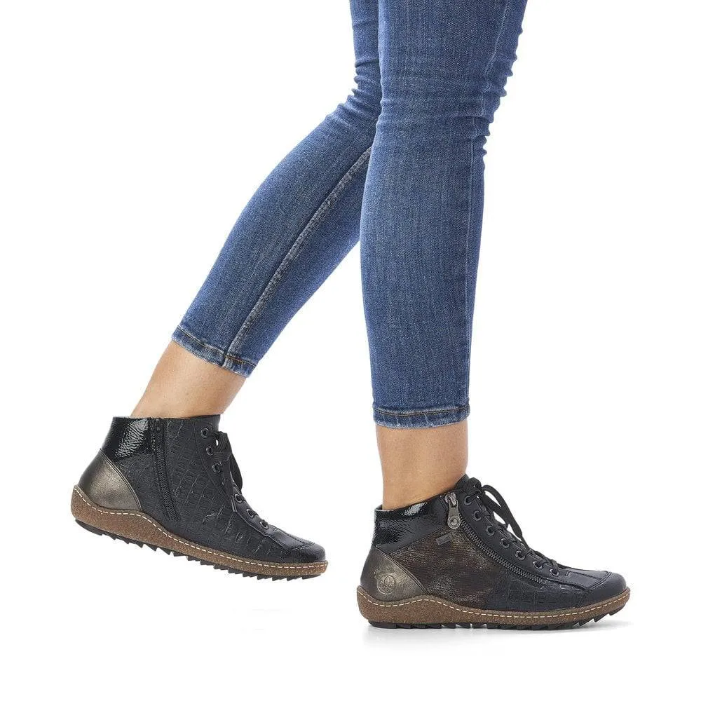 Rieker Black Patent & Shimmer Trim Lace Up & Zip High Top Trainer Boot