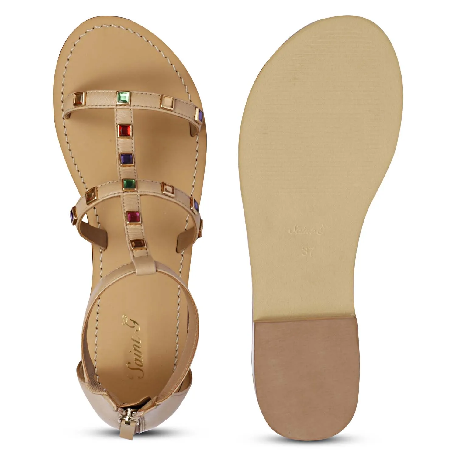 Saint Quincy Multi Stones Studded Natural Leather Sandals
